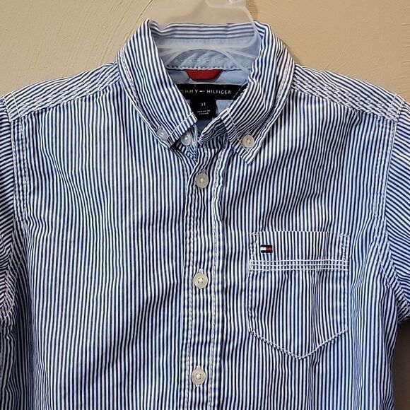 TOMMY HILFIGER BLUE AND WHITE PINSTRIPED DRESS SHIRT, SIZE 3T - Picture 2 of 6
